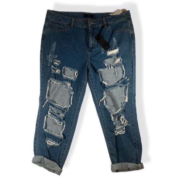 Forever 21 Womens Distressed Boyfriend Jeans Size 31 Rolled Cuffs Medium Wash - Picture 1 of 6